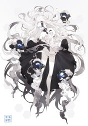 Rule 34 | 10s, 1girl, absurdly long hair, abyssal jellyfish princess, abyssal ship, blue eyes, breasts, cleavage, colored skin, dress, floating hair, hair censor, highres, kantai collection, large breasts, long hair, nine (liuyuhao1992), no panties, solo, very long hair, white hair, white skin