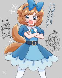 Rule 34 | +++, 2girls, :d, @ @, afterimage, animal ears, artist name, blue bow, blue dress, blue eyes, blue ribbon, blush stickers, bob cut, bow, brooch, brown hair, collared dress, commentary request, crossed arms, delicious party precure, dog ears, dog girl, dog tail, dress, fuwa kokone, grey background, hair bow, hair ribbon, heart, heart brooch, highres, jewelry, kome-kome (precure), looking at another, looking at viewer, medium dress, mem-mem (precure), motion lines, multiple girls, open mouth, own hands together, pam-pam (precure), pam-pam (precure) (human), pantyhose, partial commentary, partially colored, precure, puffy short sleeves, puffy sleeves, ribbon, short hair, short sleeves, signature, smile, standing, tail, tail wagging, translated, v-shaped eyebrows, white pantyhose, zerolay