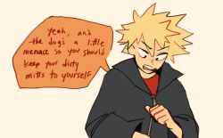 Rule 34 | bakugou katsuki, black jacket, boku no hero academia, comic, commentary, commission, english commentary, english text, fenkko, jacket, long sleeves, looking down, male focus, open mouth, orange hair, red eyes, short hair, simple background, solo, speech bubble, spiked hair, upper body, white background