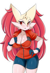 Rule 34 | 1girl, absurdres, animal ear fluff, animal ears, bike shorts, blush, body fur, braixen, breasts, cleavage, cosplay, creatures (company), embarrassed, furry, furry female, game freak, gen 6 pokemon, gloves, happy, highres, large breasts, long hair, looking at viewer, lucyfer, may (pokemon), may (pokemon) (cosplay), nintendo, no humans, open mouth, pokemon, pokemon (creature), pokemon rse, red eyes, shiny skin, shoes, short sleeves, shorts, sneakers, socks, solo, standing, very long hair, wide hips