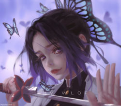 Rule 34 | 1girl, artist name, bug, butterfly, clothing request, commentary request, ears visible through hair, closed eyes, hair ornament, highres, holding, holding sword, holding weapon, bug, kimetsu no yaiba, kochou shinobu, looking at viewer, purple eyes, short hair, simple background, solo, sword, weapon, wlop