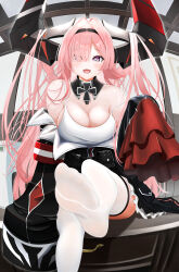 Rule 34 | 1girl, absurdres, azur lane, black dress, black horns, breasts, cleavage, cross, detached collar, dress, eyes visible through hair, foreshortening, hair on horn, highres, horns, huge horns, iron cross, large breasts, long horns, looking at viewer, mechanical horns, open mouth, pink hair, prinz rupprecht (azur lane), purple eyes, sitting, sleeves past fingers, sleeves past wrists, solo, thighhighs, tsuri pi, white thighhighs