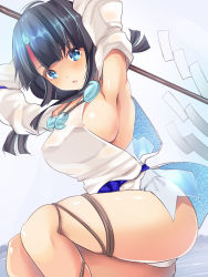 Rule 34 | 1girl, areola slip, armpits, arms behind head, arms up, ass, bare shoulders, black hair, blue background, blue eyes, blue ribbon, blush, breasts, collarbone, dress, fate/grand order, fate/requiem, fate (series), fundoshi, gradient background, japanese clothes, jewelry, large breasts, long sleeves, looking at viewer, magatama, magatama hair ornament, maki (seventh heaven maxion), medium hair, multicolored hair, necklace, open mouth, pink hair, polearm, puffy long sleeves, puffy sleeves, ribbon, seigaiha, short dress, sideboob, sideless outfit, spear, streaked hair, thighs, utsumi erice, weapon, white dress