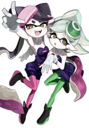 Rule 34 | 2girls, :d, absurdly long hair, black dress, black footwear, black hair, black jumpsuit, bow-shaped hair, breasts, callie (splatoon), collar, detached collar, dress, earrings, fangs, full body, gloves, gradient hair, green pantyhose, grey hair, hands up, highres, hoop earrings, inkling, jewelry, jumpsuit, lat latte71, light blush, long hair, looking at viewer, marie (splatoon), mole, mole under eye, multicolored hair, multiple girls, nintendo, open mouth, orange pupils, outstretched arm, pantyhose, pink hair, pink pantyhose, pointy ears, short hair, short jumpsuit, small breasts, smile, splatoon (series), splatoon 1, standing, standing on one leg, star-shaped pupils, star (symbol), strapless, strapless dress, suction cups, swept bangs, symbol-shaped pupils, teeth, tentacle hair, thick eyebrows, twintails, upper teeth only, very long hair, white collar, white gloves, yellow eyes