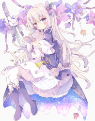 Rule 34 | 1girl, :o, absurdres, animal, animal hug, arrow (projectile), arrow through heart, bandaid, blue dress, blue flower, blue footwear, blush, boots, bow, commentary, dress, flower, full body, grey background, grey hair, hair between eyes, hair flower, hair ornament, heart, highres, instrument, knee boots, long hair, looking at viewer, original, parted lips, pink flower, pink rose, purple bow, purple eyes, purple flower, rabbit, rabbit hair ornament, rose, short sleeves, simple background, solo, sword, symbol-only commentary, trumpet, tsukiyo (skymint), very long hair, weapon, white dress, white flower