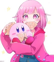 Rule 34 | 1girl, blue overalls, blunt bangs, blush stickers, bob cut, buttons, character badge, eating, food, hair flaps, highres, holding, holding food, jacket, kirby, kirby (series), korororo, long sleeves, looking at viewer, matching hair/eyes, mouth hold, nintendo, ootori emu, overalls, pink eyes, pink hair, pink jacket, pink theme, project sekai, shirt, short hair, star (symbol), taiyaki, trait connection, wagashi, yellow shirt