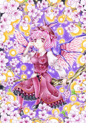 Rule 34 | 1girl, animal ears, branch, cherry blossoms, colored pencil (medium), dress, female focus, flower, hand on own cheek, hand on own face, hat, kneehighs, mystia lorelei, pink eyes, pink hair, plant, purple theme, shoes, short hair, sitting, socks, solo, suimitsu, touhou, traditional media, winged footwear, wings