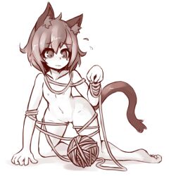Rule 34 | animal ears, cat ears, cat girl, cat tail, entangled, flat chest, highres, nathy, nipples, petite, sandcasks, short hair, sketch, small breast, tail, tearing up, thighs, yarn, yarn ball