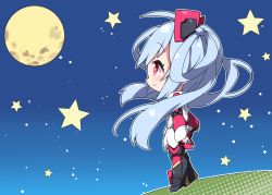 Rule 34 | 1girl, ahoge, armored boots, black footwear, blue hair, blush, boots, chibi, closed mouth, commentary request, dress, from side, full moon, hair between eyes, hair ornament, hair rings, knee boots, long hair, long sleeves, looking away, matoi (pso2), milkpanda, moon, night, night sky, outdoors, pantyhose, phantasy star, phantasy star online 2, profile, red eyes, red pantyhose, sky, sleeves past wrists, smile, solo, star (symbol), twintails, very long hair, white dress, wide sleeves