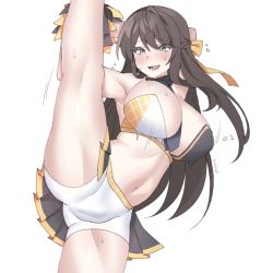 Rule 34 | 1girl, bad id, bad pixiv id, bouncing breasts, bow, breasts, brown hair, cheerleader, counter:side, hair bow, karin wong, large breasts, leg up, long hair, omgwtfyawp, pom pom (cheerleading), skirt, solo, standing, standing on one leg, sweat, sweatdrop, white background