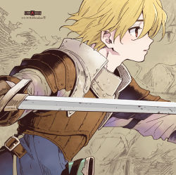 Rule 34 | 1boy, armor, blonde hair, blue shirt, brown gloves, chiba sadoru, dated, fighting stance, gloves, grey shirt, hair between eyes, highres, holding, holding sword, holding weapon, leather armor, live a live, long sleeves, looking to the side, male focus, oersted, parted lips, red eyes, shirt, short hair, shoulder armor, solo, sword, twitter username, upper body, weapon