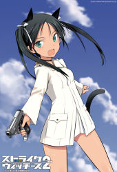 Rule 34 | 1girl, aiming, animal ears, beretta m1934, black hair, blue sky, cloud, cowboy shot, dark-skinned female, dark skin, day, fang, francesca lucchini, green eyes, gun, hair ribbon, handgun, jacket, long hair, military, military jacket, military uniform, official art, open mouth, panther ears, panther tail, promotional art, ribbon, shimada fumikane, sky, smile, solo, strike witches, tail, twintails, uniform, weapon, white ribbon, world witches series