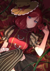 Rule 34 | 1girl, blush, dark, flower, gold trim, hat, high collar, highres, jewelry, love live!, love live! school idol festival, love live! school idol project, lying, necklace, nishikino maki, on back, patterned, pinstripe legwear, pinstripe pattern, puffy sleeves, purple eyes, red hair, red shirt, rose, shirt, short hair, skirt, solo, striped clothes, striped thighhighs, thighhighs, tsundere, yuama (drop)