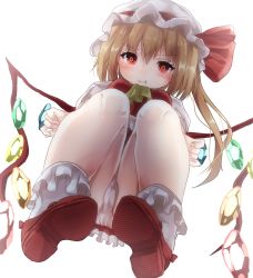 Rule 34 | 1girl, :t, ascot, bad id, bad pixiv id, blonde hair, bobby socks, closed mouth, flandre scarlet, from below, hat, hat ribbon, highres, looking at viewer, mob cap, panties, pantyshot, pout, red eyes, red footwear, red ribbon, red skirt, ribbon, shiromoru (yozakura rety), shoes, simple background, skirt, socks, solo, squatting, touhou, underwear, white background, white panties, white socks, wings