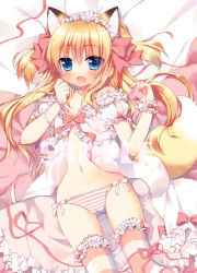 Rule 34 | 1girl, :d, animal ears, bare shoulders, blonde hair, blue eyes, blush, bow, cat ears, collarbone, copyright request, hair ribbon, long hair, looking at viewer, lying, navel, on back, open mouth, panties, ribbon, sazaki ichiri, short twintails, smile, solo, striped clothes, striped panties, striped thighhighs, thighhighs, torn clothes, torn thighhighs, twintails, two side up, underwear, wrist cuffs