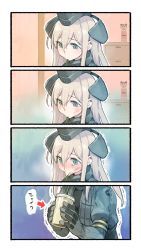 Rule 34 | 1girl, 4koma, black hat, blonde hair, blue background, blue eyes, comic, commentary request, cropped jacket, drinking, drinking straw, garrison cap, gloves, hair between eyes, hat, highres, holding, kantai collection, long hair, long sleeves, military, military uniform, nonco, orange background, solo, translation request, u-511 (kancolle), uniform