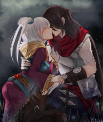 Rule 34 | 1boy, 1girl, absurdres, alternate costume, alternate hairstyle, closed eyes, highres, imminent kiss, league of legends, riven (league of legends), talon (league of legends), white hair, yosuki (yo sukan)