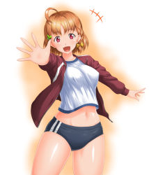 Rule 34 | 1girl, :d, ahoge, belly, bow, braid, breasts, buruma, cocoa (cocoa0191), commentary, covered erect nipples, cowboy shot, foreshortening, gym shirt, gym uniform, hair bow, jacket, looking at viewer, love live!, love live! sunshine!!, medium breasts, navel, open clothes, open hand, open jacket, open mouth, orange background, orange hair, outstretched hand, palms, red eyes, red jacket, shirt, short hair, side braid, smile, solo, takami chika, track jacket, white shirt, yellow bow