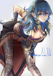 1girl black_hairband blue_eyes breasts byleth_(female)_(fire_emblem) byleth_(female)_(jehanna)_(fire_emblem) byleth_(fire_emblem) cleavage dagger fire_emblem fire_emblem:_the_sacred_stones fire_emblem:_three_houses fire_emblem_heroes hairband highres holding holding_dagger holding_knife holding_weapon kazu20200224 knife large_breasts leaning_forward long_hair looking_at_viewer nintendo official_alternate_costume open_mouth smile solo weapon