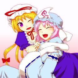 Rule 34 | 2girls, :d, ;d, ^ ^, arm garter, bad id, bad pixiv id, blonde hair, bow, breasts, choker, cleavage, closed eyes, dress, elbow gloves, gloves, gradient background, hair bow, hat, hat ribbon, hug, japanese clothes, kimono, laughing, long hair, looking at viewer, medium breasts, mob cap, multiple girls, one eye closed, open mouth, pink background, pink hair, puffy short sleeves, puffy sleeves, purple eyes, ribbon, ribbon choker, saigyouji yuyuko, short hair, short sleeves, smile, sonni (zzonji), touhou, triangular headpiece, upper body, white gloves, yakumo yukari