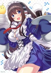 Rule 34 | 1girl, :d, apron, azur lane, blue dress, blue eyes, blush, breasts, brown hair, bursting breasts, cleavage, commentary request, dress, glass, hair between eyes, highres, holding, holding plate, holding tray, kamishiro (rsg10679), large breasts, long island (azur lane), long sleeves, looking at viewer, maid, maid apron, maid headdress, manjuu (azur lane), open mouth, plate, plate stack, smile, solo, tray, white apron, white background, wide sleeves