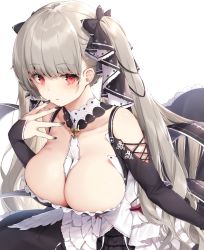 Rule 34 | 1girl, azur lane, bare shoulders, between breasts, black dress, black nails, blush, breasts, cleavage, dress, earrings, flight deck, formidable (azur lane), frilled dress, frills, grey hair, hair ribbon, hand up, highres, jewelry, large breasts, long hair, long sleeves, looking at viewer, nail polish, navy (navy.blue), red eyes, ribbon, rigging, simple background, solo, twintails, white background