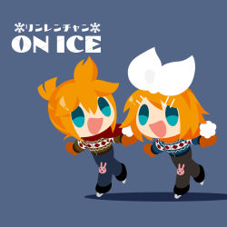 Rule 34 | 1boy, 1girl, :d, blonde hair, blue background, blue eyes, bow, brother and sister, character name, chibi, hair bow, hair ornament, hairclip, highres, ice skates, kagamine len, kagamine rin, kaorin minogue, mittens, open mouth, scarf, siblings, skates, skating, smile, sweater, twins, vocaloid