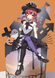 Rule 34 | 1girl, alternate costume, asymmetrical legwear, black choker, black footwear, black hat, black necktie, black ribbon, black skirt, black thighhighs, blush, boots, buttons, choker, closed mouth, commentary request, fang, fang out, food, food-themed hair ornament, food on face, fork, full body, ghost, ghost hair ornament, hair between eyes, hair ornament, hair ribbon, happy halloween, hat, heart, heterochromia, high heel boots, high heels, highres, holding, holding fork, hololive, houshou marine, jack-o&#039;-lantern, long hair, mismatched legwear, necktie, nyaa28, pumpkin hair ornament, purple thighhighs, red eyes, red hair, ribbon, shirt, sitting, skin fang, skirt, smile, solo, thighhighs, virtual youtuber, white shirt, wrist cuffs, x hair ornament, yellow eyes