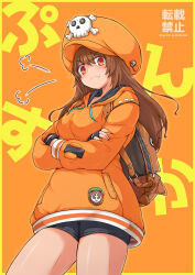 Rule 34 | 1girl, anchor symbol, backpack, bag, bare shoulders, belt, bike shorts, black gloves, blush, brown eyes, brown hair, cabbie hat, closed mouth, crossed arms, fingerless gloves, gloves, gottsu, guilty gear, guilty gear strive, hair between eyes, hat, highres, long hair, looking at viewer, may (guilty gear), orange background, pout, shorts, simple background, skull and crossbones, solo, thighs, v-shaped eyebrows