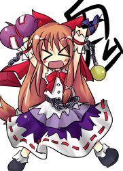 Rule 34 | &gt; &lt;, 1girl, arms up, blue skirt, bottle, bow, bowtie, chain, closed eyes, female focus, gourd, hair bow, ibuki suika, ofuda, red bow, red bowtie, shirt, simple background, skirt, solo, touhou, white background, white shirt, wince, wrist cuffs