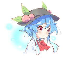 Rule 34 | 1girl, alternate hairstyle, black hat, blue background, blue hair, bow, bowtie, commentary request, cropped torso, food, fruit, hat, hat ornament, hinanawi tenshi, looking at viewer, peach, red bow, red bowtie, red eyes, shirt, short hair with long locks, smile, solo, tanasuke, touhou, upper body, white background, white shirt