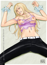 Rule 34 | 00s, 1girl, angry, azasuke, belt, blonde hair, breasts, clenched teeth, female focus, from above, ice, julia (rave master), leather, long hair, lying, midriff, navel, nipples, no bra, on back, pants, rave, restrained, solo, spread legs, sweat, tank top, teeth, torn clothes, yellow eyes