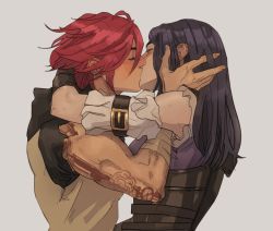 Rule 34 | 2girls, blue hair, caitlyn (league of legends), closed eyes, hand in another&#039;s hair, highres, kiss, league of legends, marceline2174, medium hair, multiple girls, red hair, tattoo, vi (league of legends), yuri