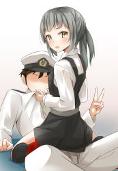 Rule 34 | 10s, 1boy, 1girl, admiral (kancolle), belt, blush, commentary request, dress, girl on top, grey hair, hat, highres, kantai collection, kasumi (kancolle), long hair, military, military uniform, naval uniform, negahami, open mouth, peaked cap, pinafore dress, shirt, side ponytail, sleeveless dress, straddling, uniform, v, white shirt, yellow eyes