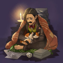 Rule 34 | 1boy, ace attorney, animal, barefoot, black eyes, black hair, black jacket, black pants, black suit, blanket, book, bow, bowtie, candle, cat, crumpled paper, cushion, facial hair, formal, full body, green vest, jacket, long sleeves, looking away, male focus, mikami, mustache, pants, purple background, red bow, red bowtie, short hair, simple background, sitting, solo, soseki natsume, suit, sweatdrop, the great ace attorney, the great ace attorney: adventures, traditional bowtie, vest, wagahai (ace attorney)