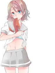 Rule 34 | 1girl, blue bra, blue eyes, blush, bra, breasts, brown hair, closed mouth, clothes lift, commentary request, cowboy shot, grey sailor collar, grey skirt, hair between eyes, head tilt, highres, kashikaze, lifting own clothes, looking at viewer, love live!, love live! sunshine!!, midriff, miniskirt, navel, neckerchief, neckerchief in mouth, pleated skirt, puffy short sleeves, puffy sleeves, red neckerchief, sailor collar, school uniform, serafuku, shirt, shirt lift, short hair, short sleeves, sidelocks, simple background, skirt, small breasts, solo, underwear, uranohoshi school uniform, watanabe you, white background, white shirt