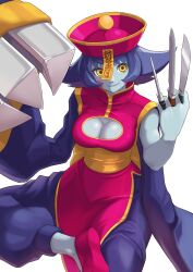 Rule 34 | 1girl, blue skin, breasts, claws, cleavage cutout, clothing cutout, colored skin, hat, highres, kunimaki, large breasts, lei lei, pants, purple hair, shoes, short hair, vampire (game), wide sleeves, yellow eyes