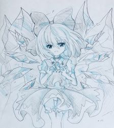 Rule 34 | belt collar, bloomers, blue theme, bow, cirno, collar, collared shirt, commentary request, hair between eyes, hair bow, highres, hisako (6anmbblfnjueeff), ice, ice wings, icicle, monochrome, photo (medium), puffy short sleeves, puffy sleeves, shirt, short hair, short sleeves, skirt, solo, touhou, traditional media, underwear, vest, wings