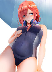 Rule 34 | 1girl, bare shoulders, blue eyes, blush, breasts, brown hair, competition swimsuit, from below, go-toubun no hanayome, hair over one eye, headphones, headphones around neck, highres, kiko (okuwae), long hair, looking at viewer, medium breasts, nakano miku, one-piece swimsuit, solo, swimsuit