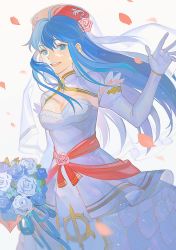 Rule 34 | 1girl, bare shoulders, blue eyes, blue hair, blush, breasts, bride, cleavage, closed mouth, dress, elbow gloves, fire emblem, fire emblem: the binding blade, fire emblem heroes, flower, gloves, hair ornament, hat, headband, highres, jewelry, kyufe, lilina (fire emblem), long hair, looking at viewer, nintendo, official alternate costume, simple background, smile, solo, wedding dress, white dress