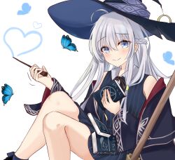 Rule 34 | 1girl, absurdres, bare shoulders, blue eyes, book, bug, butterfly, elaina (majo no tabitabi), feet out of frame, grey hair, hat, hat ribbon, highres, holding, holding book, holding wand, insect, jacket, knees up, light blush, long hair, majo no tabitabi, official alternate costume, open clothes, open jacket, raised eyebrows, ribbon, smile, solo, wand, witch hat, zkzk