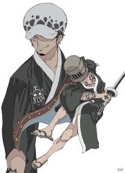 Rule 34 | basket, fighting, hat, highres, holding, holding sword, holding weapon, japanese clothes, kimono, male focus, multiple views, one piece, sandals, smirk, solo, sword, tattoo, trafalgar law, ufkqz, weapon, white background
