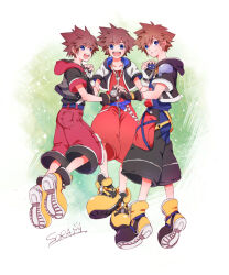 Rule 34 | 3boys, belt, black gloves, black jacket, black shorts, blue belt, brown hair, chain necklace, character name, clone, closed mouth, crown, crown necklace, fingerless gloves, floating, gloves, green background, grin, holding hands, hood, hood down, jacket, jewelry, kingdom hearts, kingdom hearts i, kingdom hearts ii, kingdom hearts iii, looking at viewer, multiple boys, multiple persona, necklace, open mouth, oyatsu (honeys), puffy short sleeves, puffy sleeves, red hood, red shorts, shoes, short hair, short sleeves, shorts, smile, sora (kingdom hearts), spiked hair, teeth, upper teeth only, white background, white gloves, yellow footwear
