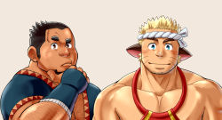 Rule 34 | 2boys, animal ears, arm hair, bara, blonde hair, cat boy, cat ears, check copyright, copyright request, dark-skinned male, dark skin, ei (marutendon), facial hair, goatee, hand on own chin, male focus, mature male, multiple boys, muscular, muscular male, open clothes, open shirt, original, paid reward available, pectoral cleavage, pectorals, revealing clothes, paid reward available, short hair, sideburns, sidepec, smile, stroking beard, stubble, upper body, whiskers