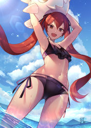 Rule 34 | 1girl, :d, alternate costume, armpits, arms up, bikini, black bikini, black ribbon, blue sky, collarbone, day, fire emblem, fire emblem awakening, fire emblem fates, flat chest, from below, gluteal fold, highres, inflatable toy, lens flare, long hair, looking at viewer, looking down, navel, nintendo, ocean, open mouth, outdoors, red eyes, red hair, ribbon, selena (fire emblem fates), severa (fire emblem), side-tie bikini bottom, signature, sky, smile, solo, standing, stomach, swimsuit, tarayuki, v-shaped eyebrows, very long hair, wading, water
