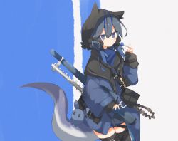 Rule 34 | 1girl, animal ears, animal hood, arknights, black sailor collar, black thighhighs, blue eyes, blue hair, blue jacket, blush, candy, commentary, cowboy shot, double bun, fake animal ears, food, glaucus (arknights), hair between eyes, hair bun, highres, holding, holding candy, holding food, hood, jacket, long sleeves, looking at viewer, makurakui, multicolored hair, pouch, sailor collar, solo, standing, streaked hair, stuffed animal, stuffed toy, tail, thighhighs, twintails, zettai ryouiki