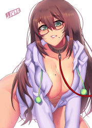 Rule 34 | 1girl, all fours, bottomless, breasts, brown hair, cleavage, collar, collarbone, female focus, glasses, grey eyes, jjune, large breasts, leash, long hair, mole, mole on breast, mole under mouth, naked shirt, open clothes, open shirt, original, pet play, red-framed eyewear, shirt, simple background, solo, sweat, very long hair, viewer holding leash