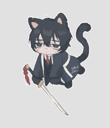 Rule 34 | 1boy, animal ears, animal hands, black eyes, black hair, black kimono, black vest, cat ears, cat tail, chibi, closed mouth, collared shirt, floating, holding, holding sword, holding weapon, japanese clothes, katana, kimono, limbus company, looking to the side, necktie, open clothes, open kimono, project moon, red necktie, satome setsuko, shirt, solo, sword, tail, vest, weapon, white shirt, yi sang (project moon)