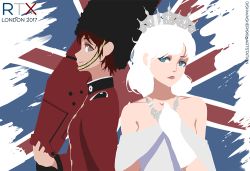 Rule 34 | 2girls, bearskin cap, british army, crescent rose, crown, dress, gloves, military, military uniform, multiple girls, queen, queen&#039;s guard, roosterteeth, ruby rose, rwby, strapless, strapless dress, uniform, union jack, weiss schnee, white gloves