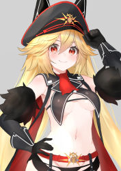 Rule 34 | 1girl, absurdres, animal ears, arm up, armpits, bare shoulders, belt, black gloves, black hat, black panties, blonde hair, breast curtains, breasts, elbow gloves, fang, gloves, grey background, hair between eyes, hand on own hip, hashiko nowoto, hat, highres, himitsu kessha schwarzschild, long hair, looking at viewer, medium breasts, micro shorts, navel, no bra, panties, peaked cap, red eyes, red neckwear, revealing clothes, shorts, sleeveless, smile, solo, stomach, toudou chloe, underboob, underwear, upper body, v-shaped eyebrows, virtual youtuber